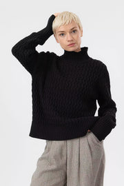 Leah Cotton Cable-Patterned Turtleneck in Black