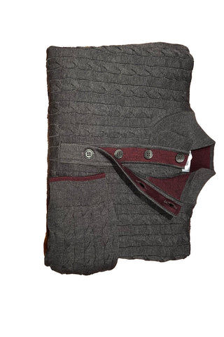 Button Up Mock Neck Sweater with Burgundy Tipping