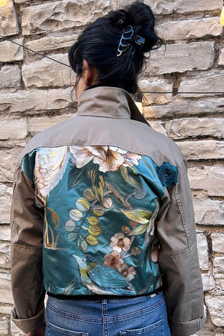 Cropped Jacket With Silk Floral Panel in Khaki Tan