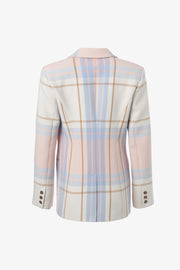 Single Button Blazer Trompet Sleeve in Peach Plaid