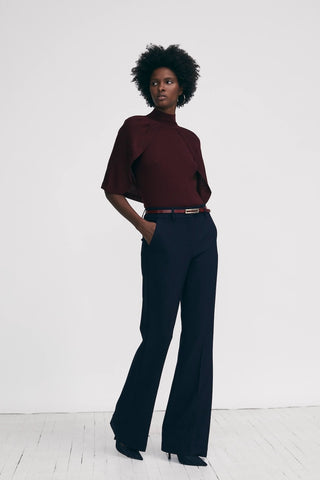 Fit-and-Flare Pinstripe Pants in Navy and Wine