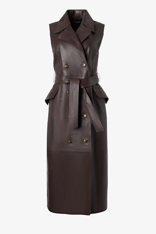 Sleeveless Leather Belted Dress in Espresso