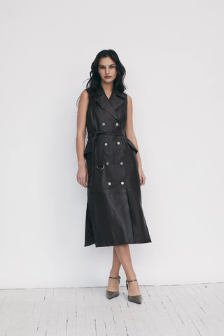 Sleeveless Leather Belted Dress in Espresso