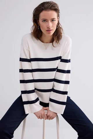 Ivory Round-Neck Sweater With Black Stripes