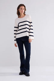 Ivory Round-Neck Sweater With Black Stripes