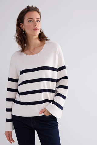 Ivory Round-Neck Sweater With Black Stripes