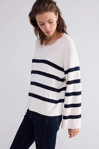 Ivory Round-Neck Sweater With Black Stripes