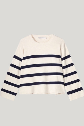 Ivory Round-Neck Sweater With Black Stripes