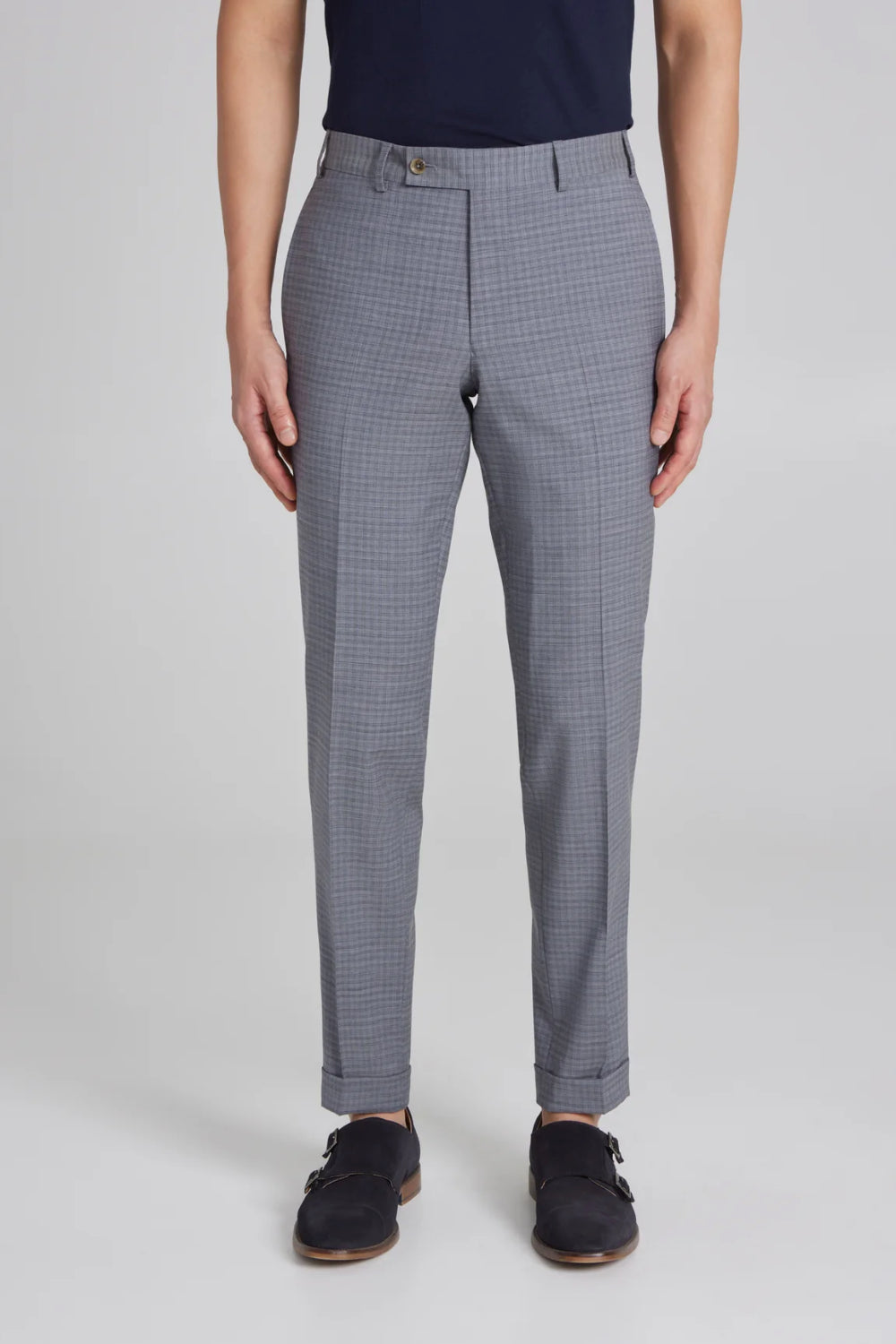 Dean Neat Wool-Stretch Suit in Light Grey Mini-Check