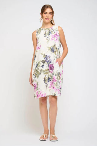 Sleeveless Linen Gathered Dress in Amalfi Floral