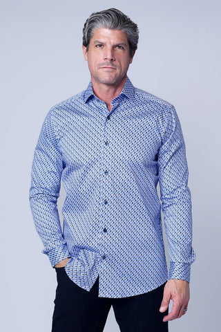 Long Sleeve Casual Shirt in Blue Tan Geometric Print