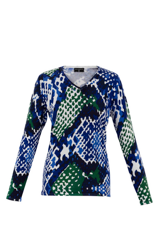 V-Neck Sweater With Blue-Green Abstract Print