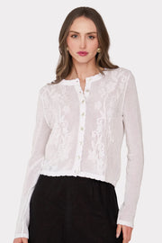 Long Sleeve Mesh Cardigan With Floral Motif in White