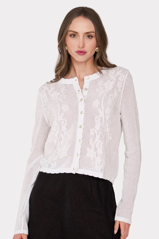 Long Sleeve Mesh Cardigan With Floral Motif in White