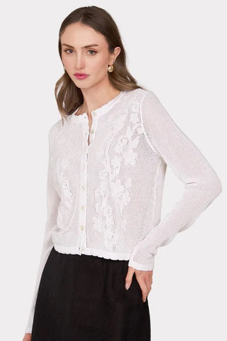 Long Sleeve Mesh Cardigan With Floral Motif in White