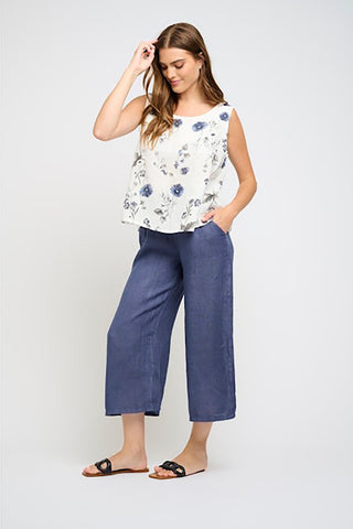 Sleeveless Linen Top With Elasticized Arm-hole in Grey Blue Flower
