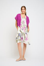 Cropped Linen Button Down Top With Elastic Bottom in Magenta