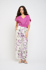 Cropped Linen Button Down Top With Elastic Bottom in Magenta