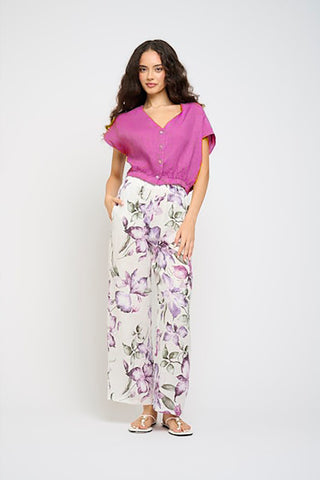 Cropped Linen Button Down Top With Elastic Bottom in Magenta