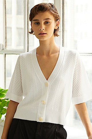 Cropped V-Neck Cardigan in White Pointelle Knit