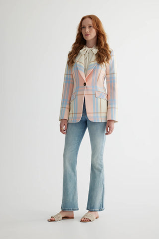 Single Button Blazer Trompet Sleeve in Peach Plaid
