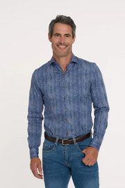 Long-Sleeved Shirt in Blue Herringbone Print With Tan Trim