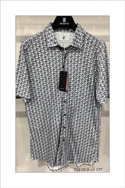 Short-Sleeved Knit Sport Shirt in Grey Geo Print