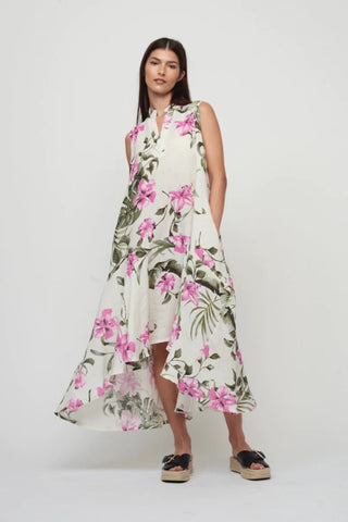 High-Low Ruffled-Hem Linen Dress in Tropical Fuchsia Print