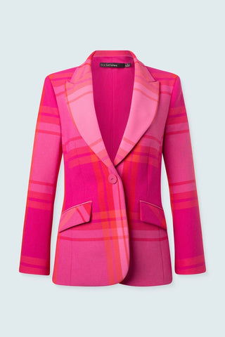 Trumpet-Sleeved Blazer in Pink-and-Red Plaid