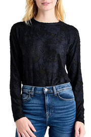 Cecelia Floral Long-Sleeved Mesh T-Shirt in Black