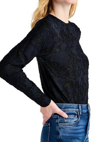 Cecelia Floral Long-Sleeved Mesh T-Shirt in Black