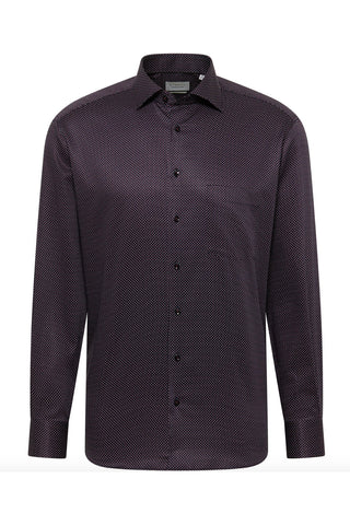 Long-Sleeved Modern-Fit Sport Shirt in Navy Burgundy Print