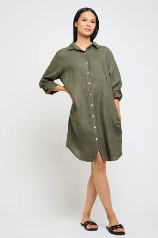 Linen Button Down Blouse Dress in Green Vine