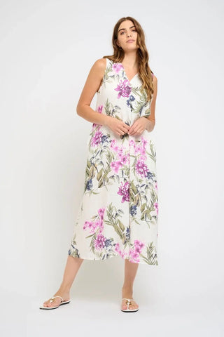 Front Pleat Long Linen Dress in Amalfi Floral