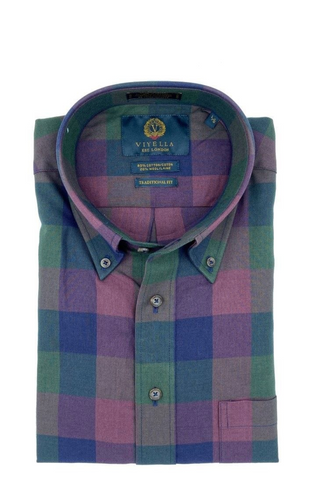 Long-Sleeved Sport Shirt in Green, Blue & Plum Plaid