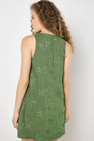 Floral Embroidered Shift Dress in Thyme Green