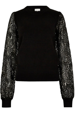 Lacy Arm Crew Neck Sweater in Black