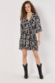 Sarasa Tiered Babydoll Dress in Black Print