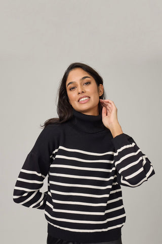 Striped Knit Turtleneck Sweater