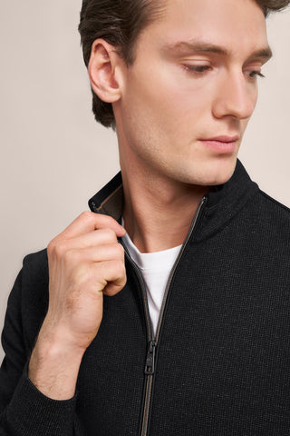 Long-Sleeved, Full-Zip Knit Sweater in Black