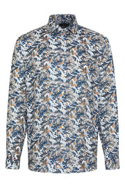 Long-Sleeved Sport Shirt in Blue-Brown Fern Print