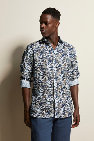 Long-Sleeved Sport Shirt in Blue-Brown Fern Print