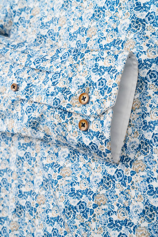 Long-Sleeved Button-Down Sport Shirt in Blue Floral Print