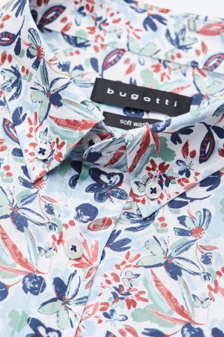 Short-Sleeved, Button-Down Sport Shirt With Blue, Red and Aqua Floral Print