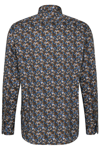 Long-Sleeved Sport Shirt in Taupe-Teal Floral Print