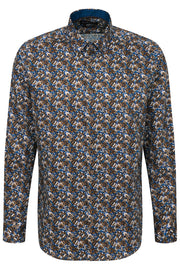 Long-Sleeved Sport Shirt in Taupe-Teal Floral Print