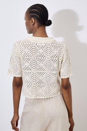 Crochet Collar Coconut Button Top in Stone