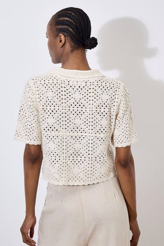 Crochet Collar Coconut Button Top in Stone