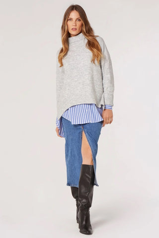 Oversized Roll-Neck Bouclé Jumper in Light Grey