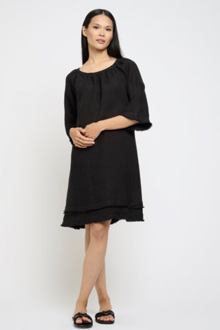 Layered Fringe Linen Dress in Black